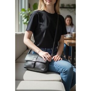 Jaclyn Smith Black Leather Crossbody Shoulder Bag Flap Buckle Closure